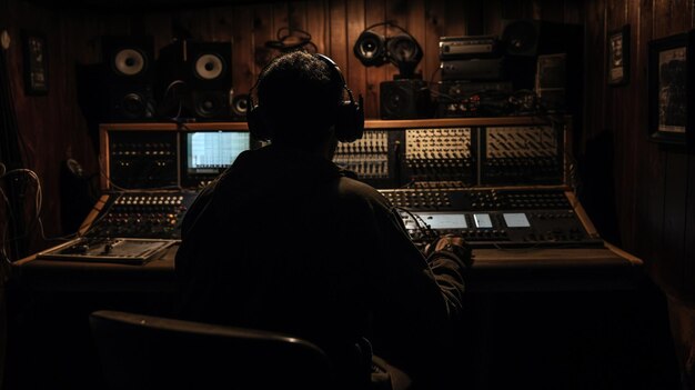 a person working on a soundboard in a dark room