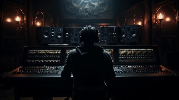 Photo a person working on a soundboard in a dark room