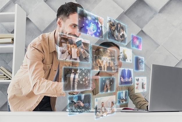 Photo person working with floating screens