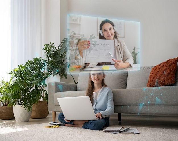 Photo person working with floating screens