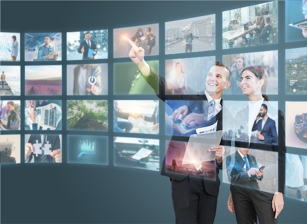 Photo person working with floating screens