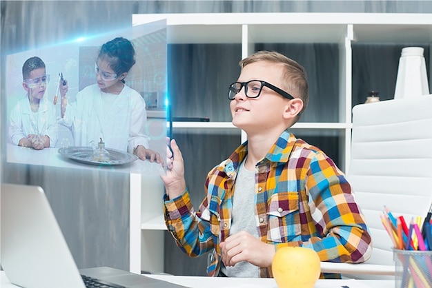 Photo person working with floating screens