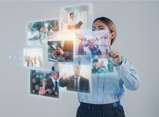 Photo person working with floating screens