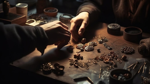 A person works on a piece of jewelry with a necklace on the table.