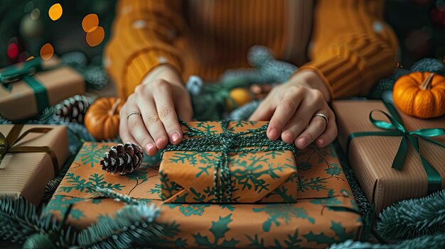 Photo a person wrapping presents creatively with handmade paper