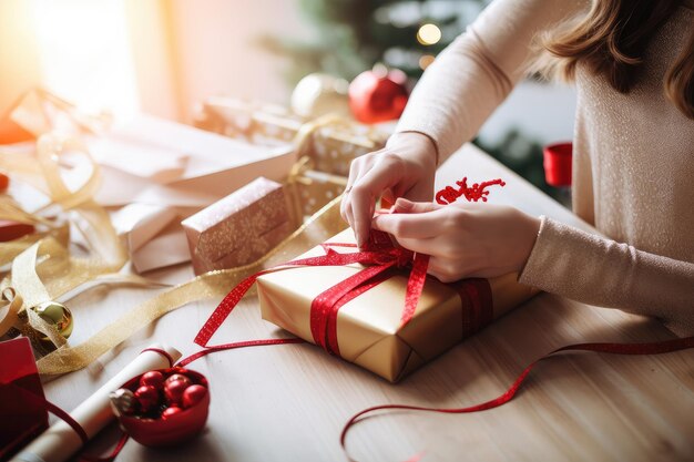 Person wrapping presents with festive ribbon and bow created with generative ai