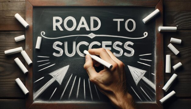 A person write Road To Success wording on a chalkboard