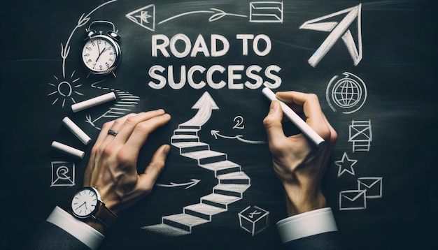 Photo a person write road to success wording on a chalkboard