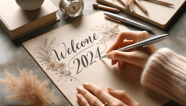 A person write Welcome 2024 on paper New Year concept