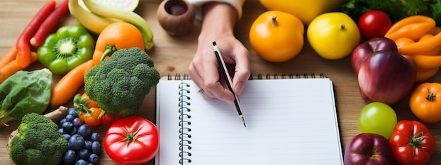 Foto una persona scrive un piano di pasto con verdure ai generativa