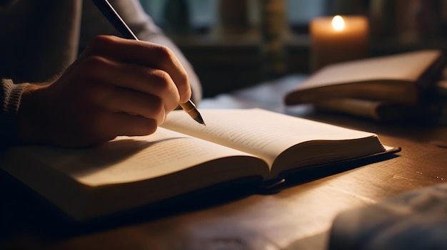 A person writing in a book with a candle in the background Generative AI