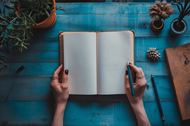 Photo a person writing in a notebook on a blue table generative ai