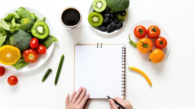 Photo person writing in a notebook surrounded by a variety of colorful fruits and vegetables planning healthy diet