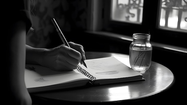 ノートの上にペンで書いている人。