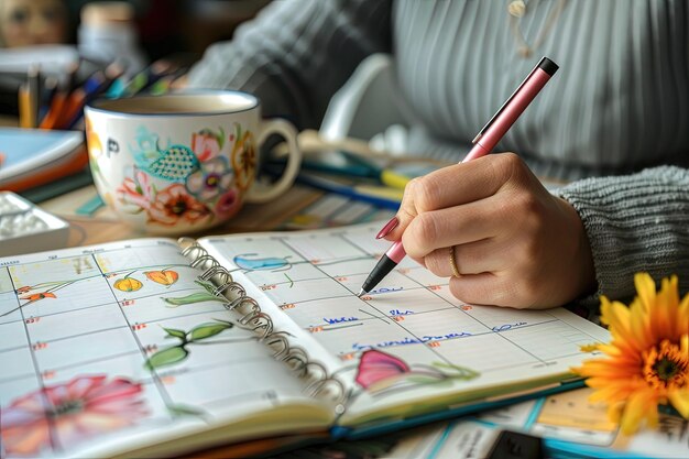 A person writing on a notebook with a pen