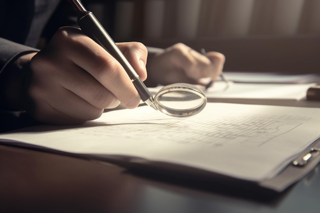 A person writing on a piece of paper with a magnifying glass.