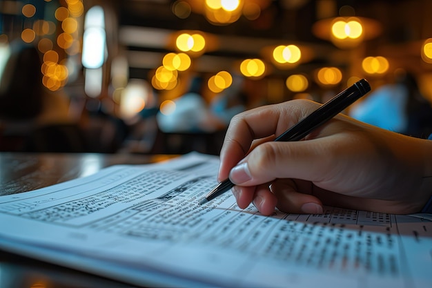 Foto una persona che scrive su un pezzo di carta con una penna