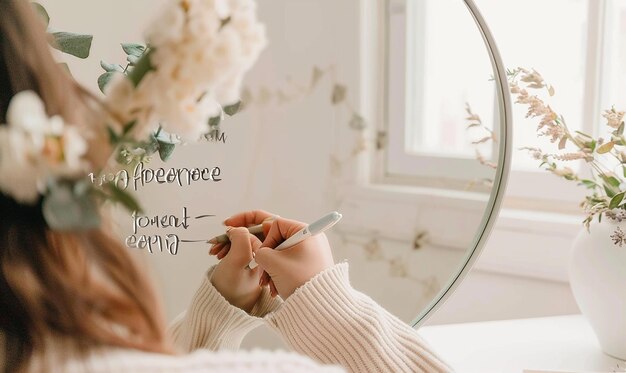 Photo person writing positive affirmations on a mirror