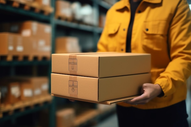 A person in a yellow jacket holds a stack of boxes with the logo for the company's shipping company.