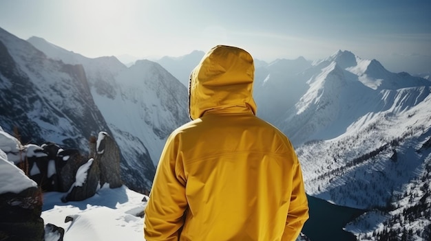 A person in a yellow jacket stands on a mountain top looking at a mountain range.