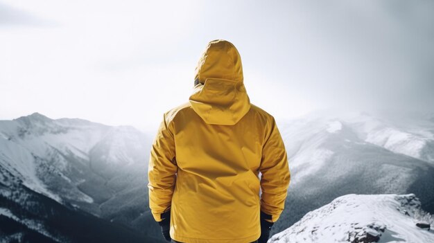 A person in a yellow jacket stands on a snowy mountain