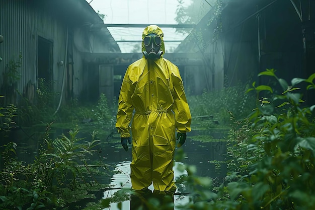 Photo person in yellow protection suit at nuclear power plant facility