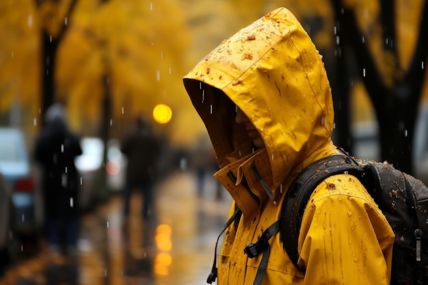 Person in yellow raincoat and backpack walking in the rain on a city street with blurred background