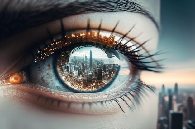 Person39s eye with a cityscape in the background Generative AI