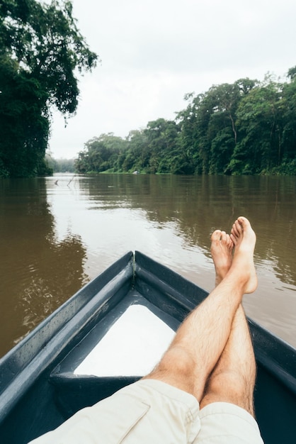 Person39s feet up in a boat