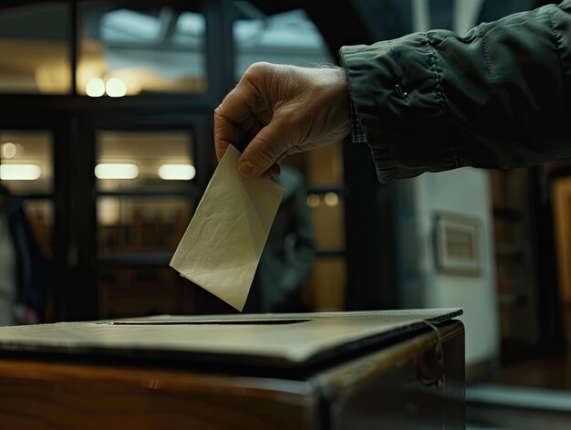 A person39s hand is shown casting a vote by placing a ballot paper into a box depicting the democratic process in a dimly lit room with an ambiance of solemnity