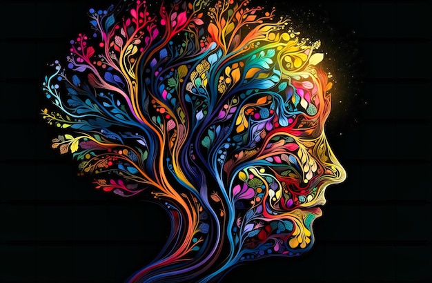 Голова человека 39 показывает цветные рисунки деревьев