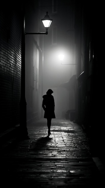 Photo persona en una calle solitaria de noche iluminada por una farola generada por ia