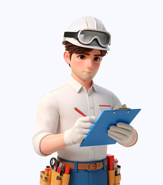 Personaje hombre trabajador de planta escribiendo notas (Человек, работающий на заводе, пишущий заметки)