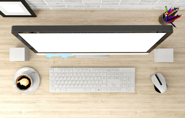 Personal computer on working table with coffee cup  