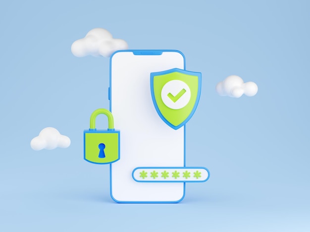 I dati personali proteggono il campo della password del lucchetto e lo scudo del segno di spunta sullo schermo del telefono cellulare