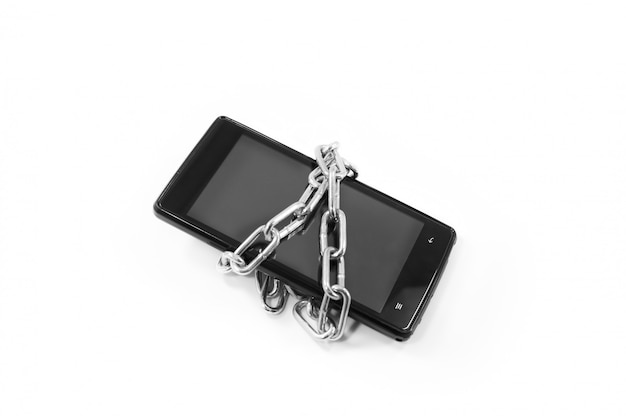 Personal data security and protection concept. metal chain link with on smartphone