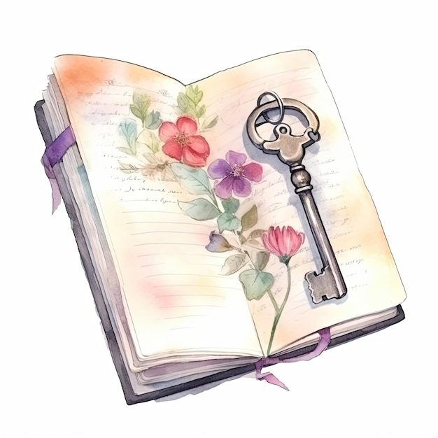 personal diary to record secrets with bookmark isolated on white background Watercolor illustration