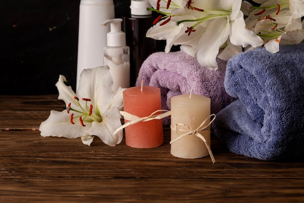 Personal hygiene items for spa towels on a table closeup