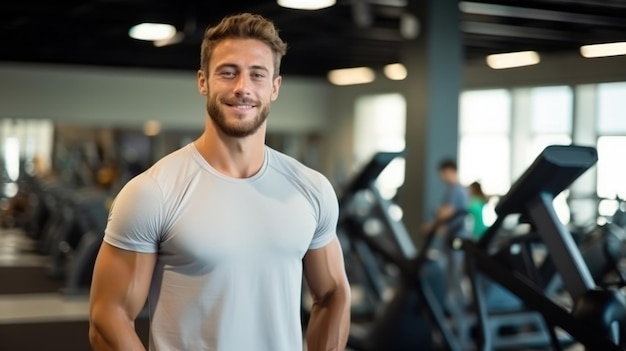 Personal man trainer smiling and fit woman in gym wellness and healthy lifestyle