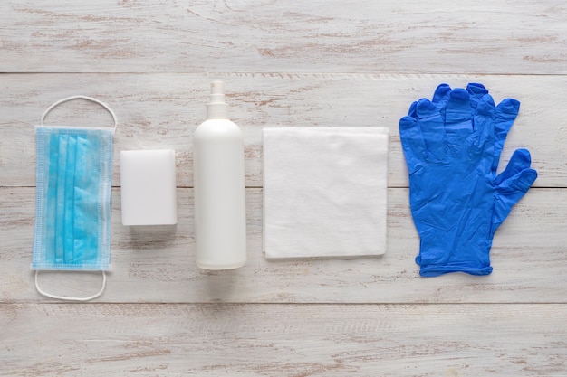 Personal medical protective equipment, mask, sterile gloves, and disinfectants for virus protection