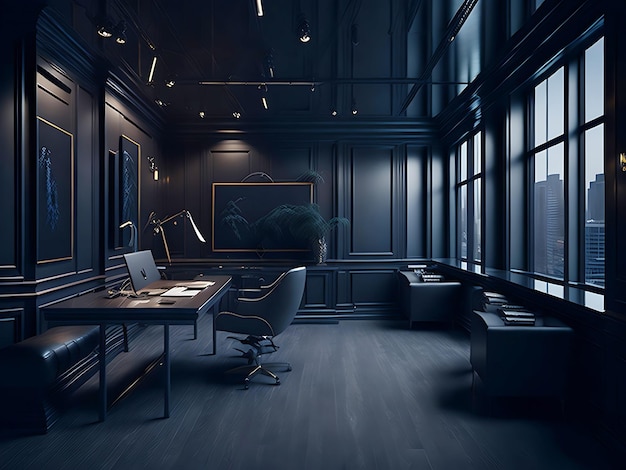 고급스러운 어두운 나무 테이블 생성 AI를 갖춘 어두운 색조의 개인 사무실 공간