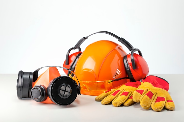 Photo personal protection equipment, respiratory, helmet, headphones, glasses and glove on gray surface.