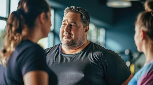 personal trainer assisting an overweight client with customized workout routines