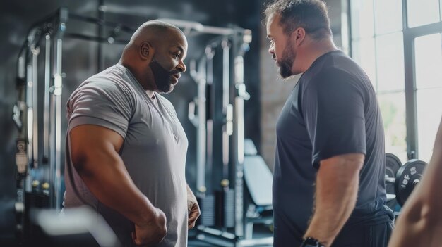 Photo personal trainer assisting an overweight client with customized workout routines