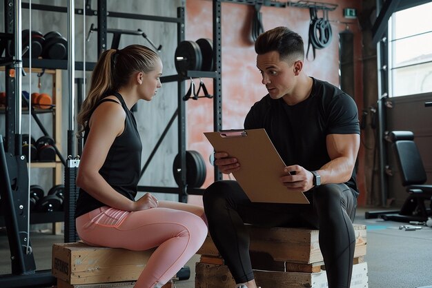Photo personal trainer and client looking at his progress at the gym