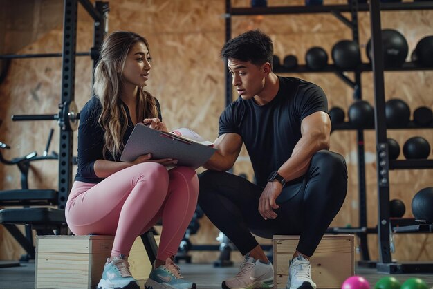 Photo personal trainer and client looking at his progress at the gym