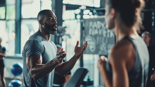 Photo a personal trainer is giving instructions to a client in a gym the trainer is a muscular man in his 30s and the client is a woman in her 20s