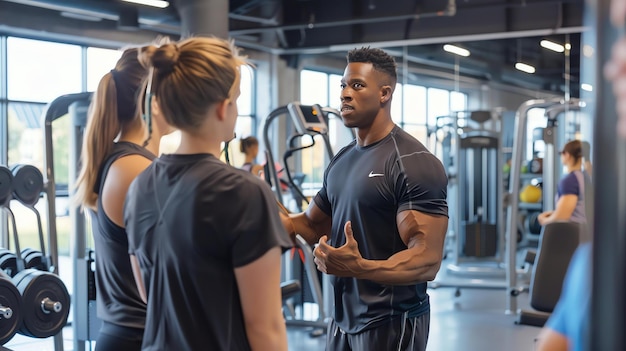 Photo a personal trainer is giving instructions to a client at the gym