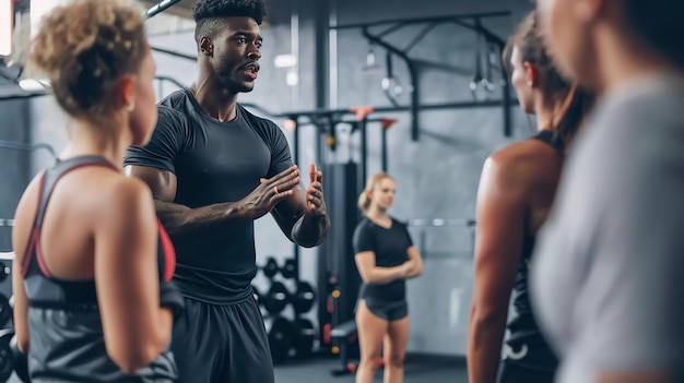 Foto un personal trainer sta dando istruzioni a un gruppo di persone in una palestra