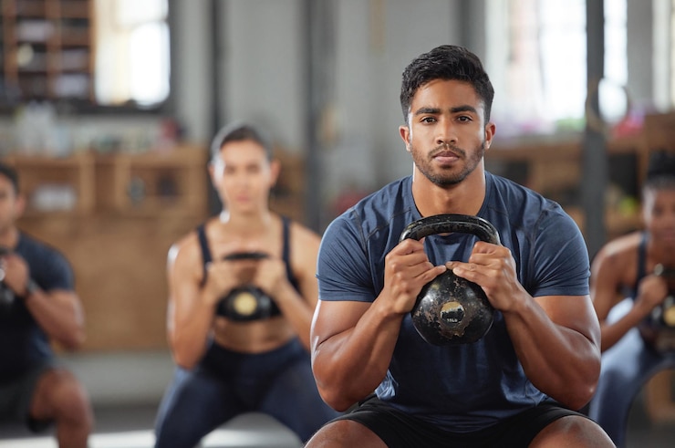 Photo personal trainer squatting with a team of athletes in a workout session at a fitness club portrait of a fit active and serious young male coach using a kettlebell and training a group of people